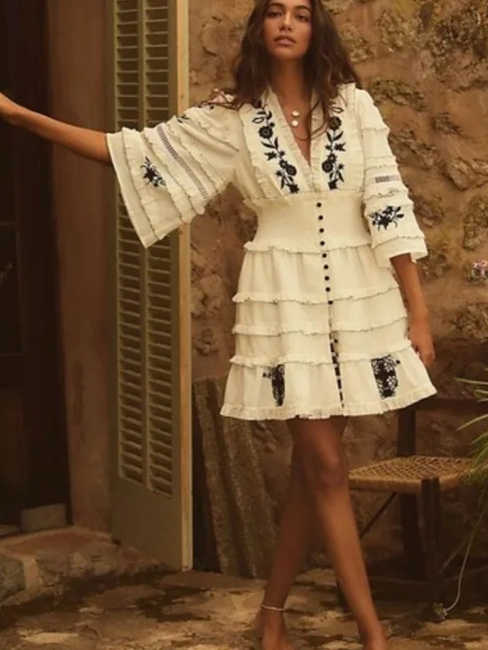 Anthropologie Mini Dress Embroidered Ruffled Vacay Preppy Boho - Picture 5 of 9